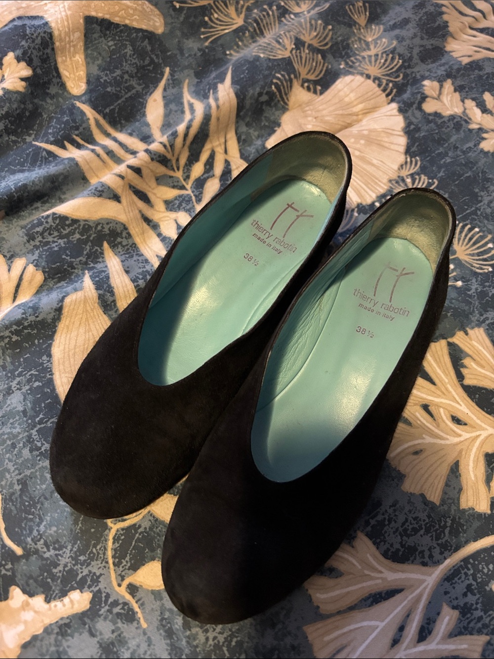 Thierry Rabotin Black Suede Wedges with Turquoise Insole